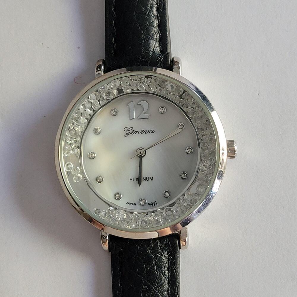 Geneva PLATINUM NO:5967 LC Womens Watch 38mm Silver Case White Dial Faux Leather
